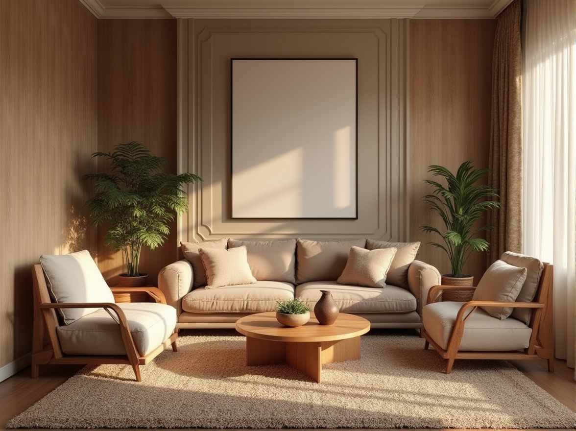 Prompt: Cozy living room, plush velvet sofa, soft cushioned chairs, natural fiber rugs, warm beige walls, earthy tone wood accents, subtle patterned drapes, tactile upholstery fabrics, inviting ambiance, diffused warm lighting, shallow depth of field, 2/3 composition, realistic textures, ambient occlusion.