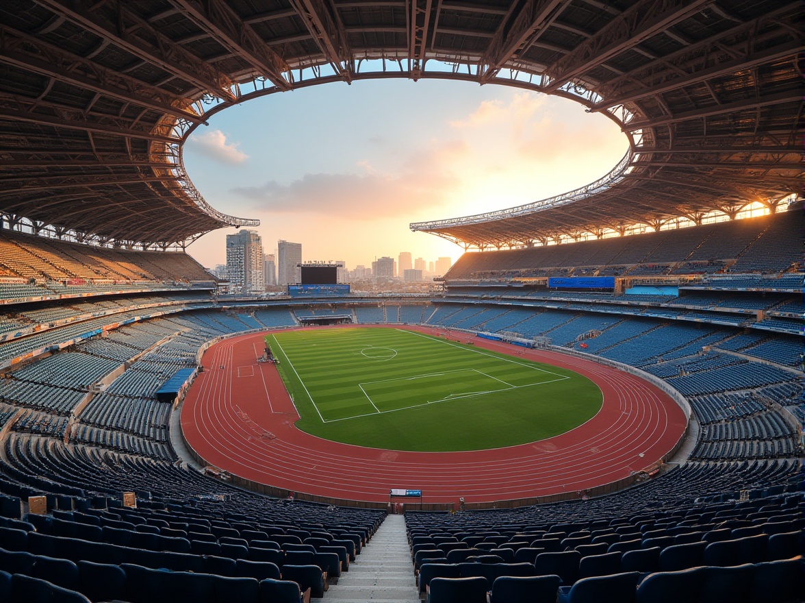 Prompt: Grandstand seating, cantilevered roofs, massive steel beams, reinforced concrete columns, curved lines, dynamic shapes, vibrant color schemes, athletic track, football field, soccer pitch, basketball court, scoreboard displays, stadium lighting, floodlights, LED screens, VIP lounges, concession stands, walkways, staircases, escalators, modern architecture, sleek lines, metallic materials, glass facades, open-air design, natural ventilation, urban landscape, city skyline, sunset atmosphere, warm golden lighting, shallow depth of field, 1/2 composition, realistic textures.