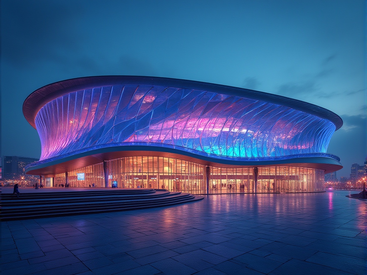 Prompt: Sleek stadium facade, curved lines, dynamic shapes, futuristic architecture, transparent glass panels, metallic cladding, LED lighting systems, vibrant color schemes, angular columns, minimalist design, cantilevered rooflines, grand entrance gates, modern signage, urban cityscape, evening atmosphere, dramatic spotlights, shallow depth of field, 1/1 composition, realistic reflections, ambient occlusion.