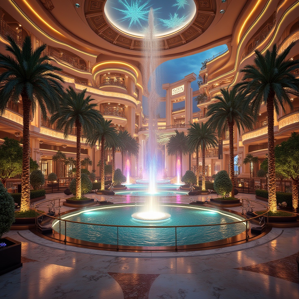 Prompt: Luxurious casino resort, lavish fountain shows, exotic palm trees, tropical floral arrangements, polished marble floors, grand chandeliers, ornate metalwork details, vibrant neon lights, dynamic water features, curved glass fa\u00e7ades, sleek modern architecture, cantilevered structures, sweeping staircases, panoramic views, dramatic lighting effects, shallow depth of field, 1/1 composition, realistic reflections, ambient occlusion.