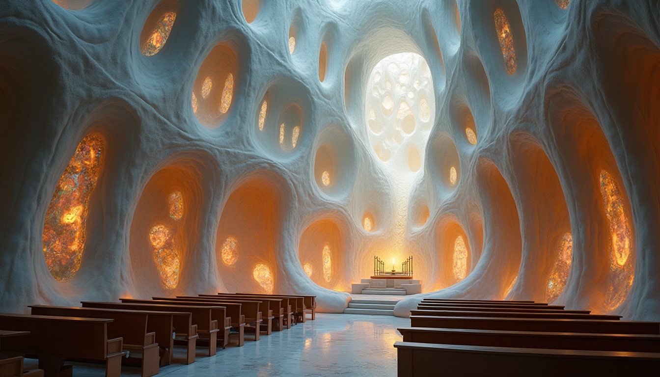 Prompt: Ethereal blob-shaped church, undulating curves, soft luminescent glow, iridescent stained glass windows, delicate tendrils, organic forms, intricate patterns, natural stone foundations, curved wooden pews, vaulted ceilings, whimsical sculptures, mystical ambiance, warm candlelight, shallow depth of field, 1/2 composition, dreamy atmosphere, vibrant colors, abstract textures, subtle animations.