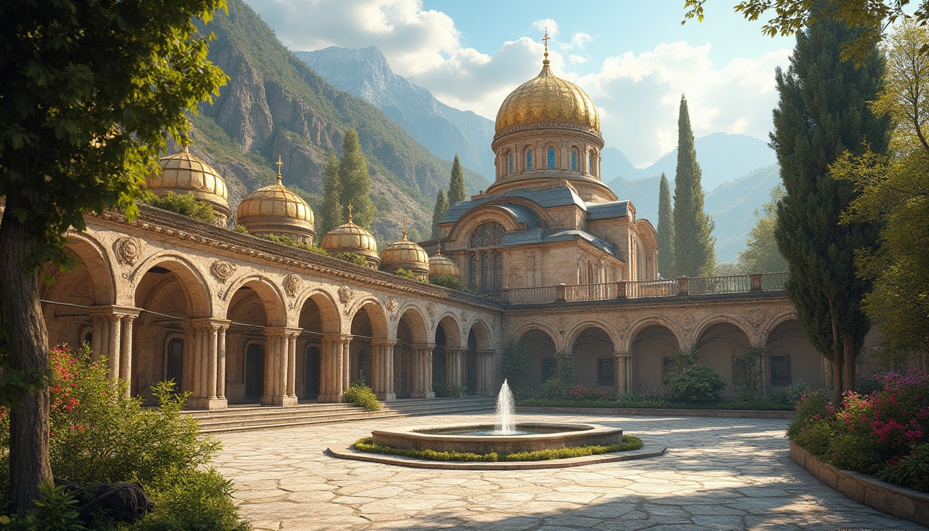 Prompt: Majestic Byzantine church, ornate stone carvings, golden domes, intricate mosaics, lush greenery, tranquil courtyard, serene fountain, rustic stone walls, archaic columns, ornamental capitals, vibrant flowers, scenic mountain backdrop, warm sunny day, soft natural lighting, atmospheric perspective, 1/2 composition, realistic textures, ambient occlusion.Please let me know if this meets your requirements!