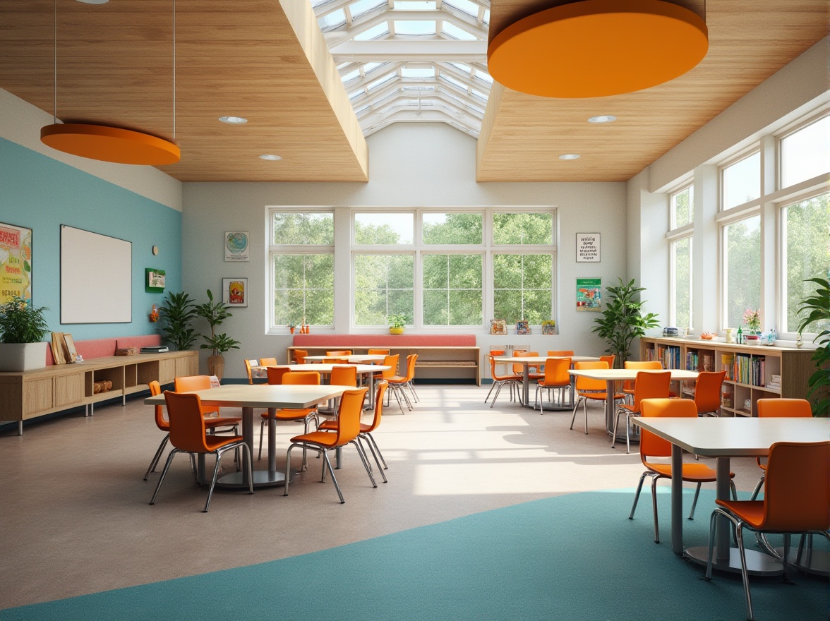 Prompt: Vibrant school interior, collaborative learning areas, modern furniture, comfortable seating, interactive whiteboards, educational displays, natural wood accents, soft carpet flooring, abundant natural light, clerestory windows, flexible modular layouts, cozy reading nooks, inspiring quotes, playful color schemes, stimulating textures, shallow depth of field, 3/4 composition, panoramic view, realistic renderings, ambient occlusion.