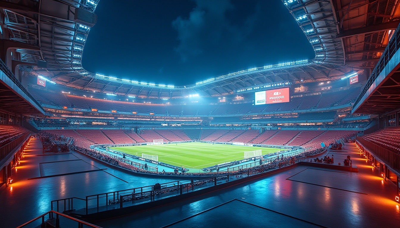 Prompt: Luminous stadium interior, polished concrete floors, reflective metal ceilings, transparent glass walls, vibrant LED lighting, dynamic seating arrangements, bold color schemes, sleek aluminum railings, weathered steel structures, natural stone cladding, textured rubber flooring, modern scoreboard designs, cantilevered roofs, grand entrance atriums, open-air concourses, panoramic city views, dramatic floodlighting, high-contrast shading, 1/2 composition, atmospheric fog effects.