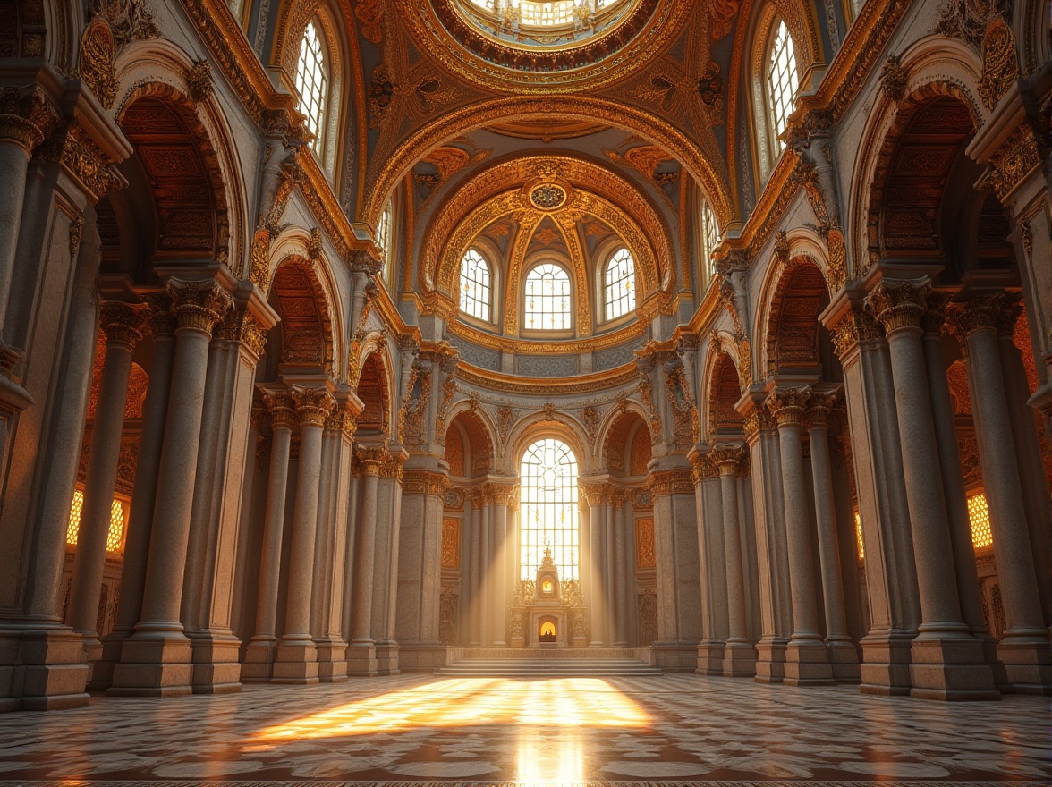 Prompt: Intricate mosaics, golden domes, ornate columns, patterned arches, lavish frescoes, richly textured stone walls, ornamental capitals, grand entranceways, majestic vaulted ceilings, elaborate stone carvings, vibrant stained glass windows, dramatic lighting effects, high-contrast shading, 1/2 composition, symmetrical framing, warm color palette, ambient occlusion.