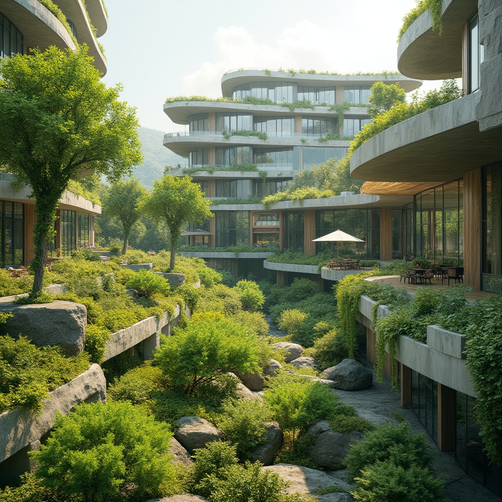 Prompt: Vibrant green roofs, lush vegetation, natural stone walls, modern minimalist buildings, large glass facades, cantilevered structures, curved lines, sustainable energy solutions, solar panels, water conservation systems, eco-friendly materials, innovative cooling technologies, shaded outdoor spaces, misting systems, organic-inspired patterns, earthy color palette, serene atmosphere, warm soft lighting, shallow depth of field, 3/4 composition, panoramic view, realistic textures, ambient occlusion.