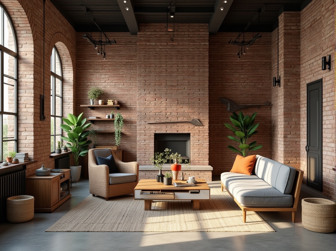 Prompt: Industrial heritage building, exposed brick walls, steel beams, polished concrete floors, minimalist decor, functional furniture, bold color accents, geometric patterns, natural textiles, woven baskets, industrial lighting fixtures, metal sconces, reclaimed wood accents, earthy tone color palette, abundant natural light, softbox shadows, 1/1 composition, realistic materials, ambient occlusion.