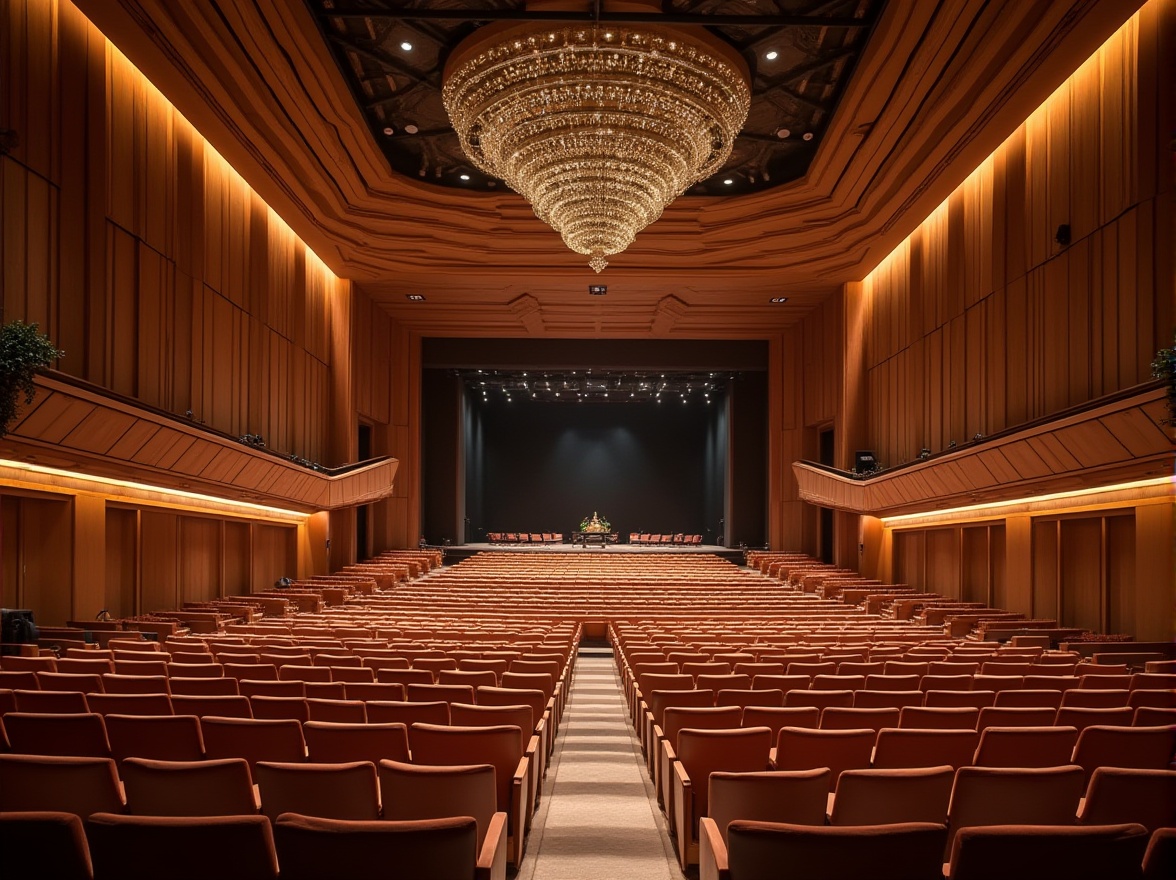 Prompt: Elegant auditorium interior, ornate wood paneling, curved lines, geometric shapes, luxurious textiles, plush seating, grand chandeliers, sophisticated lighting systems, acoustic soundproofing materials, reverberation-enhancing structures, tiered seating arrangements, balcony overhangs, minimalist ornamentation, warm earthy tones, rich walnut finishes, subtle LED lighting, dramatic stage spotlighting, 3/4 composition, shallow depth of field, realistic reflections.