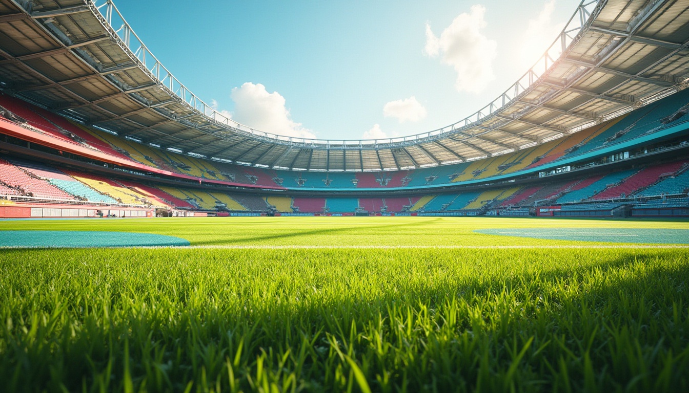 Prompt: Vibrant sports field, lush green grass, bold color blocking, dynamic athletic tracks, modern stadium architecture, sleek metal railings, transparent glass walls, curved lines, futuristic LED lighting, warm sunny day, shallow depth of field, 1/1 composition, realistic textures, ambient occlusion, rhythmic patterns, contrasting colors, energetic atmosphere, dynamic movement, abstract shapes, bold typography.