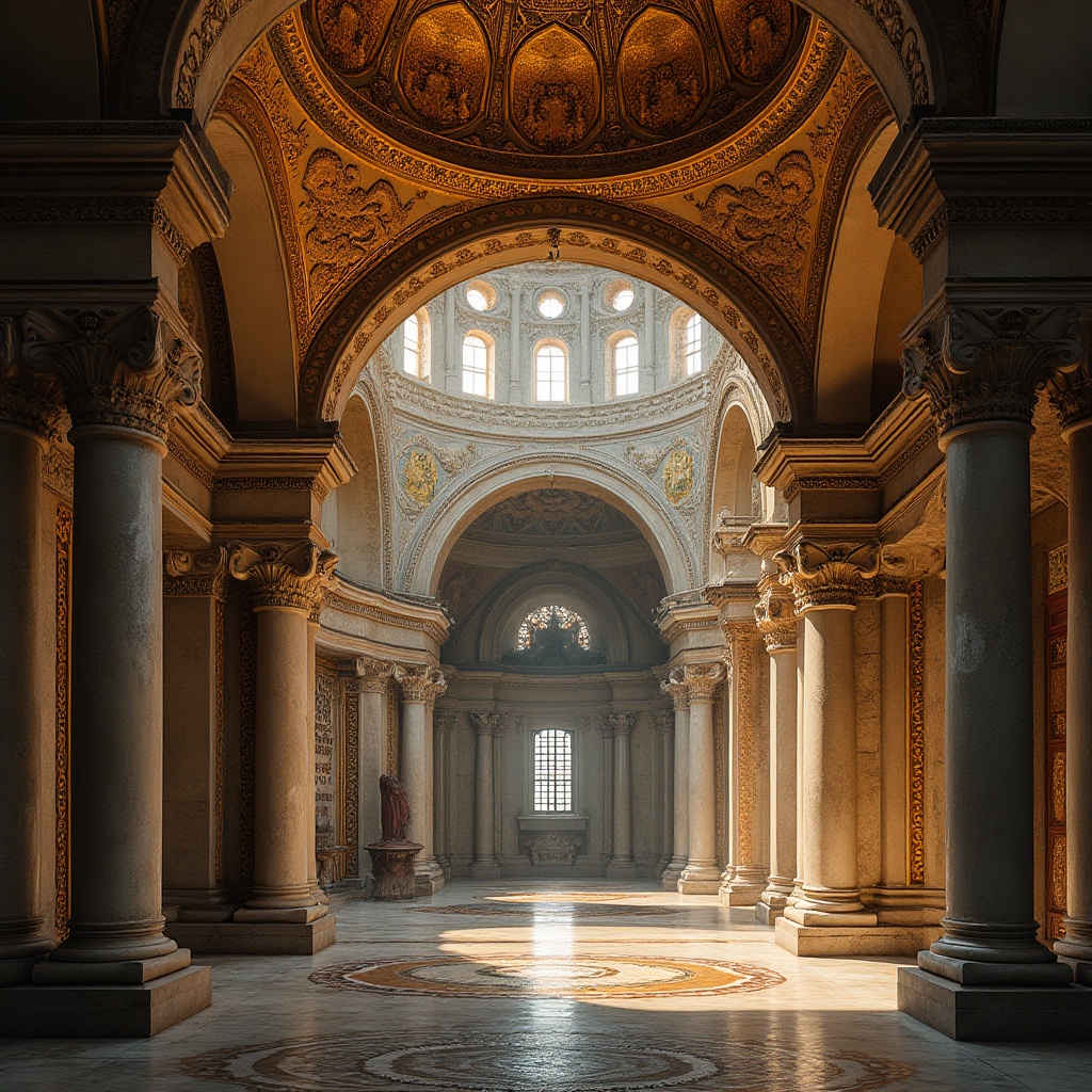 Prompt: Intricate stone arches, ornate carvings, golden mosaics, majestic domes, grand basilicas, historic Byzantine architecture, rustic stone walls, ornamental columns, vibrant apse murals, soft warm lighting, shallow depth of field, 1/2 composition, realistic textures, ambient occlusion.