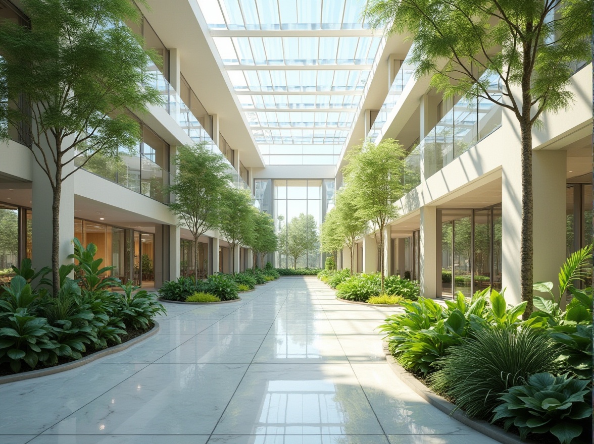 Prompt: Vibrant atrium, lush greenery, floor-to-ceiling windows, skylights, clerestory windows, open floor plan, minimalist interior design, reflective surfaces, polished marble floors, bright white walls, modern architecture, curved lines, cantilevered roofs, overhanging eaves, shaded outdoor spaces, solar tubes, light wells, passive solar design, warm natural lighting, soft shadows, 1/1 composition, realistic textures, ambient occlusion.