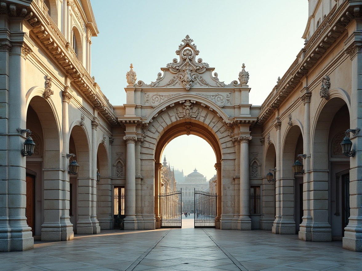 Prompt: Elegant bridge architecture, classicism style, ornate stone arches, intricately carved stonework, majestic piers, sturdy abutments, rusticated quoins, ornamental balustrades, decorative lampposts, grand entrance gates, symmetrical composition, subtle color palette, weathered stone textures, warm natural lighting, soft shadows, 1/2 composition, atmospheric perspective, realistic rendering.