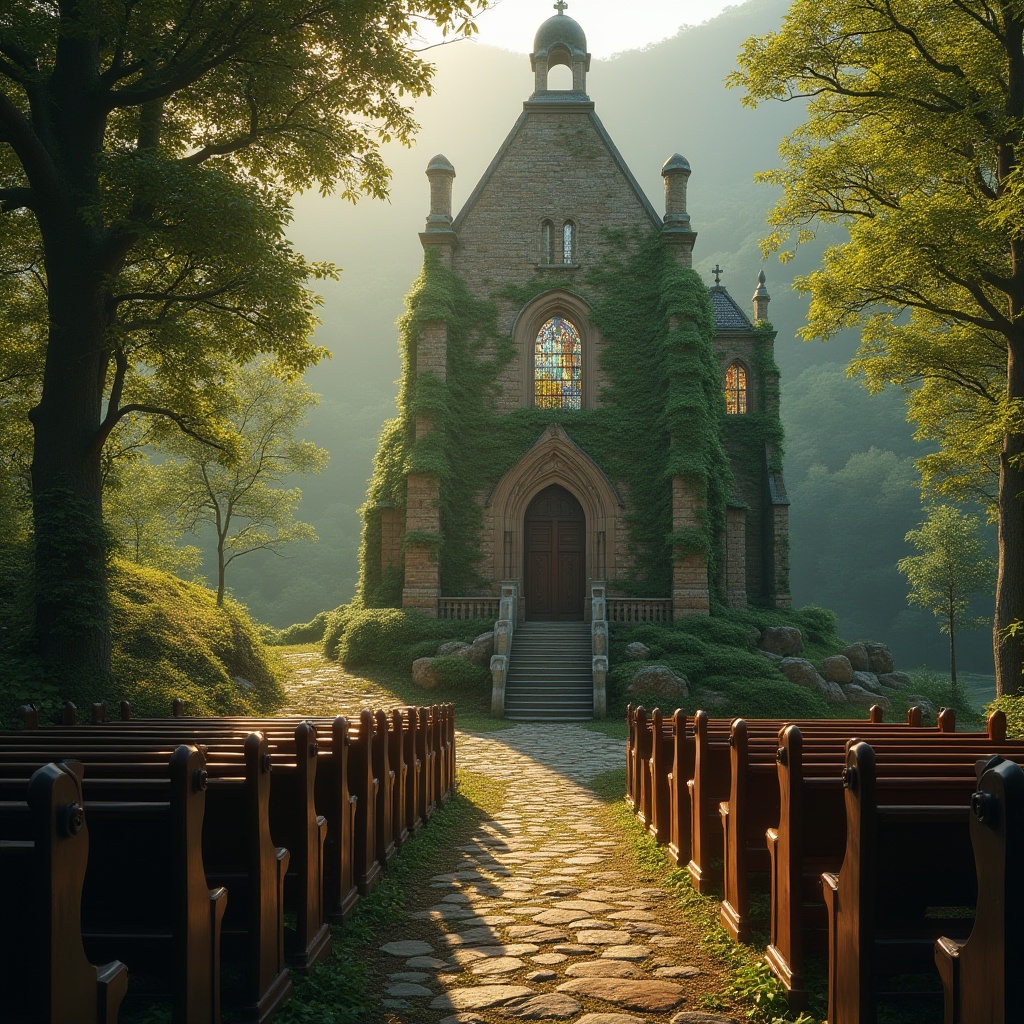 Prompt: Rustic stone church, ivy-covered walls, stained glass windows, wooden pews, vaulted ceilings, serene natural surroundings, lush green forests, rolling hills, meandering streams, misty morning fog, warm golden lighting, shallow depth of field, 1/1 composition, symmetrical framing, realistic textures, ambient occlusion.