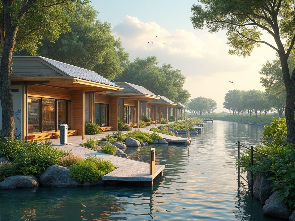 Prompt: Riverbank charging station, modern eco-friendly design, solar panels, green roofs, native plant species, riparian zone vegetation, winding walking paths, benches with built-in USB ports, soft ambient lighting, shallow water features, natural stone seating areas, wooden docks, sailboat-inspired architecture, nautical-themed signage, serene river views, warm sunny day, gentle breeze, 3/4 composition, panoramic view, realistic textures, ambient occlusion.