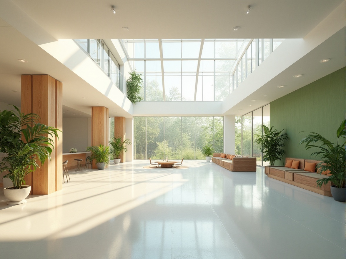 Prompt: Vibrant open-plan interior, floor-to-ceiling windows, clerestory windows, skylights, reflective white surfaces, minimal obstruction, spacious rooms, natural materials, wooden accents, green walls, living plants, indirect sunlight, warm ambient lighting, shallow depth of field, 1/1 composition, panoramic view, realistic textures, soft shadows, serene atmosphere.