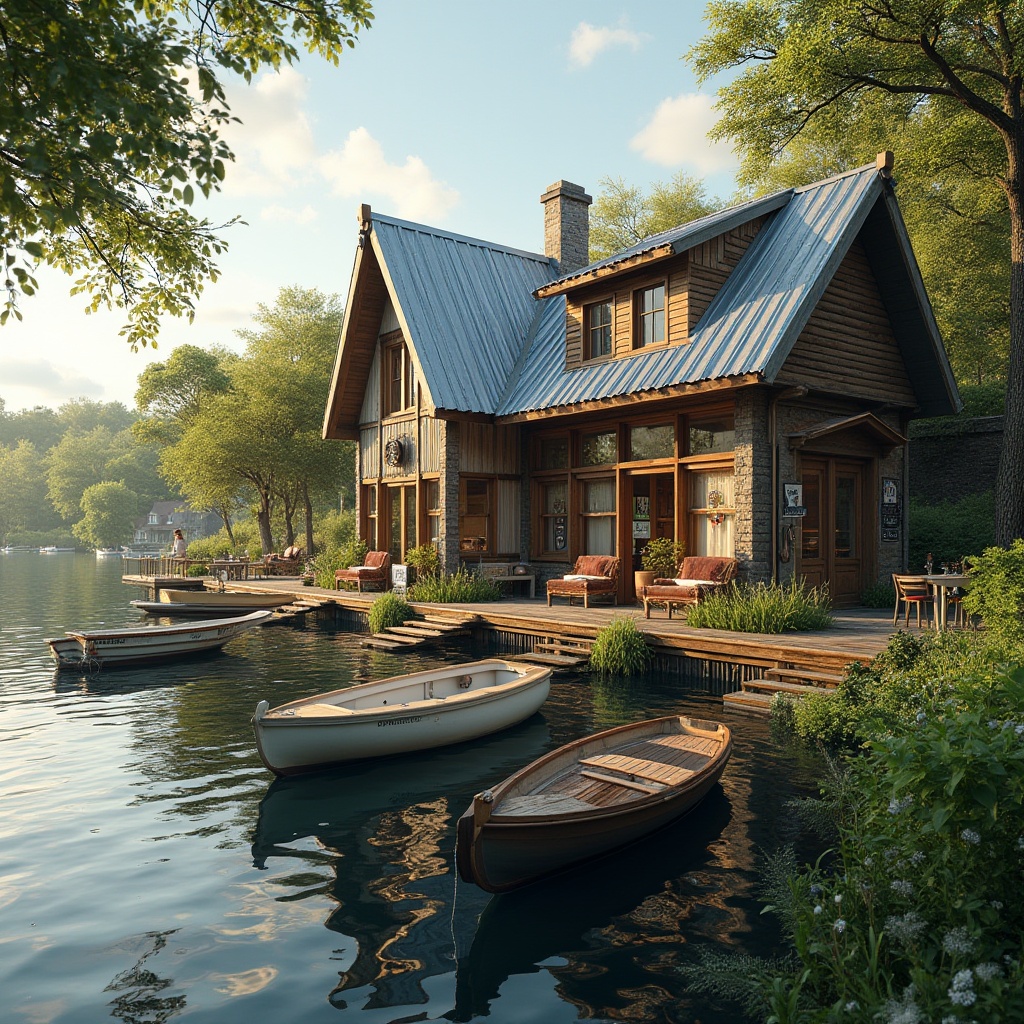 Prompt: Waterfront boathouse, eclectic architecture, reclaimed wood accents, corrugated metal roofs, distressed brick walls, nautical-themed decorations, vintage boat displays, rustic wooden docks, lush greenery, overhanging trees, serene lake views, warm sunny day, soft natural lighting, shallow depth of field, 1/2 composition, realistic textures, ambient occlusion, eco-friendly materials, solar panels, rainwater harvesting systems, green roofs, innovative insulation technologies, shaded outdoor spaces, misting systems.