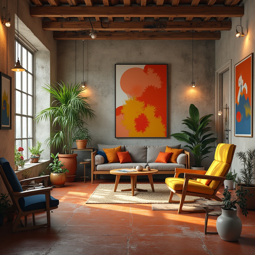 Prompt: Vibrant art studio, eclectic furniture pieces, bold abstract artwork, textured walls, reclaimed wood accents, industrial metal fixtures, earthy terracotta floors, natural light pouring in, soft warm glow, shallow depth of field, 3/4 composition, panoramic view, realistic textures, ambient occlusion.