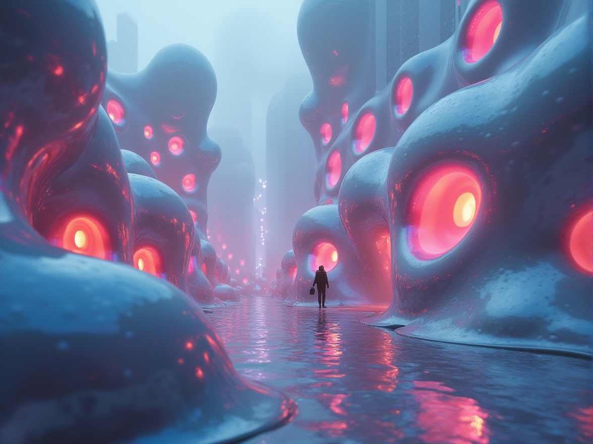 Prompt: Organic blob-like buildings, irregular shapes, futuristic curves, iridescent colors, glossy surfaces, metallic materials, neon lights, vibrant LED installations, undulating walls, amoeba-inspired forms, soft focus, shallow depth of field, 1/1 composition, atmospheric perspective, misty atmosphere, ambient occlusion, stylized highlights, futuristic cityscape, evening ambiance.