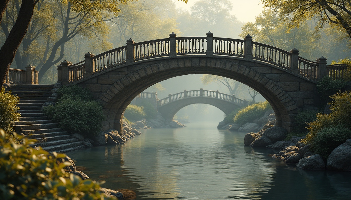 Prompt: Rustic stone bridges, elegant arches, ornate metal railings, sweeping curves, symmetrical composition, classical architectural influences, weathered wooden planks, worn brick abutments, lush greenery surroundings, serene water reflections, misty morning atmosphere, soft warm lighting, shallow depth of field, 1/2 composition, panoramic view, realistic textures, ambient occlusion.