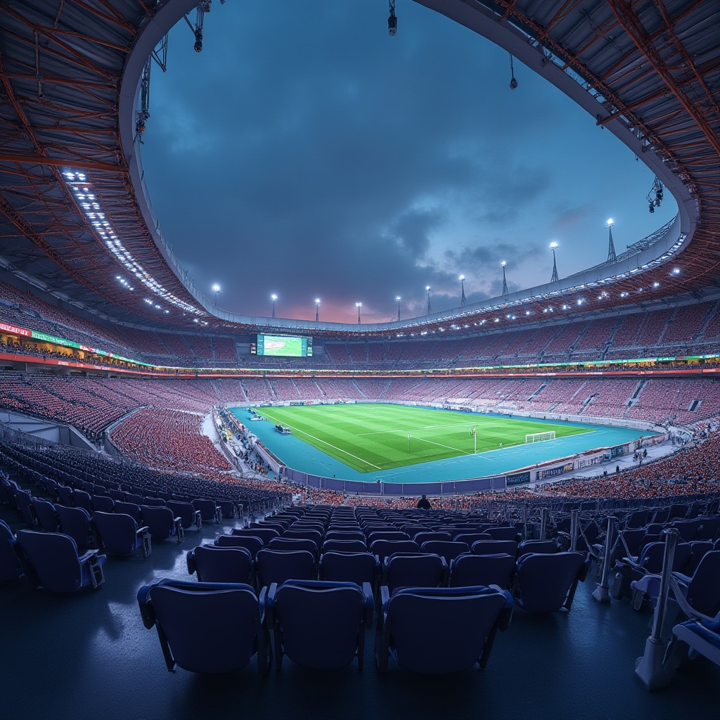 Prompt: Grandstand seating, cantilevered roofs, steel trusses, reinforced concrete columns, sleek metal facades, angular lines, modernist design, vibrant LED lighting, evening atmosphere, dynamic shadows, low-angle photography, 1/2 composition, shallow depth of field, realistic textures, ambient occlusion.