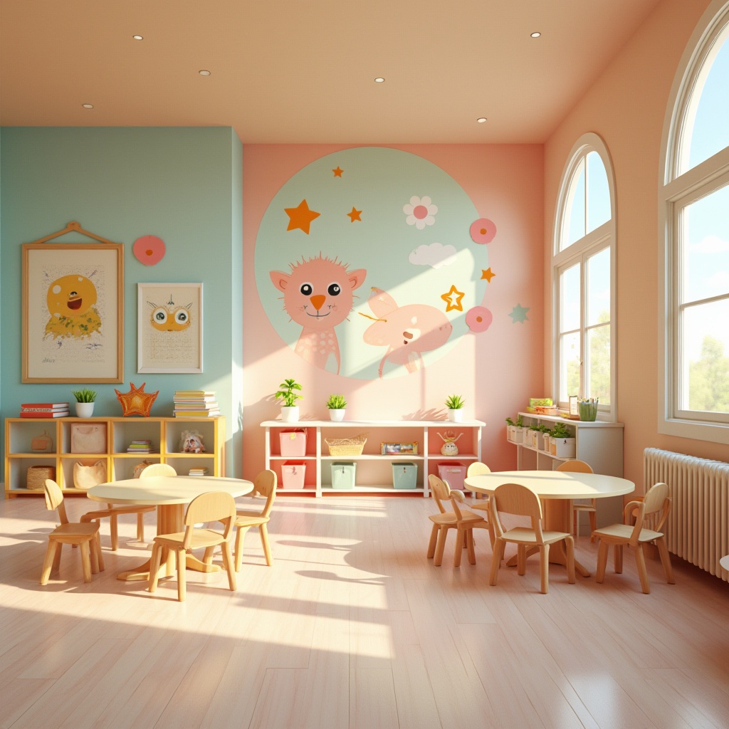 Prompt: Vibrant kindergarten, playful color palette, pastel hues, soft textures, rounded shapes, whimsical murals, educational signage, natural wood accents, cozy reading nooks, circular tables, tiny chairs, interactive play areas, sensory stimulation zones, calming atmosphere, warm lighting, shallow depth of field, 1/1 composition, realistic renderings, ambient occlusion.