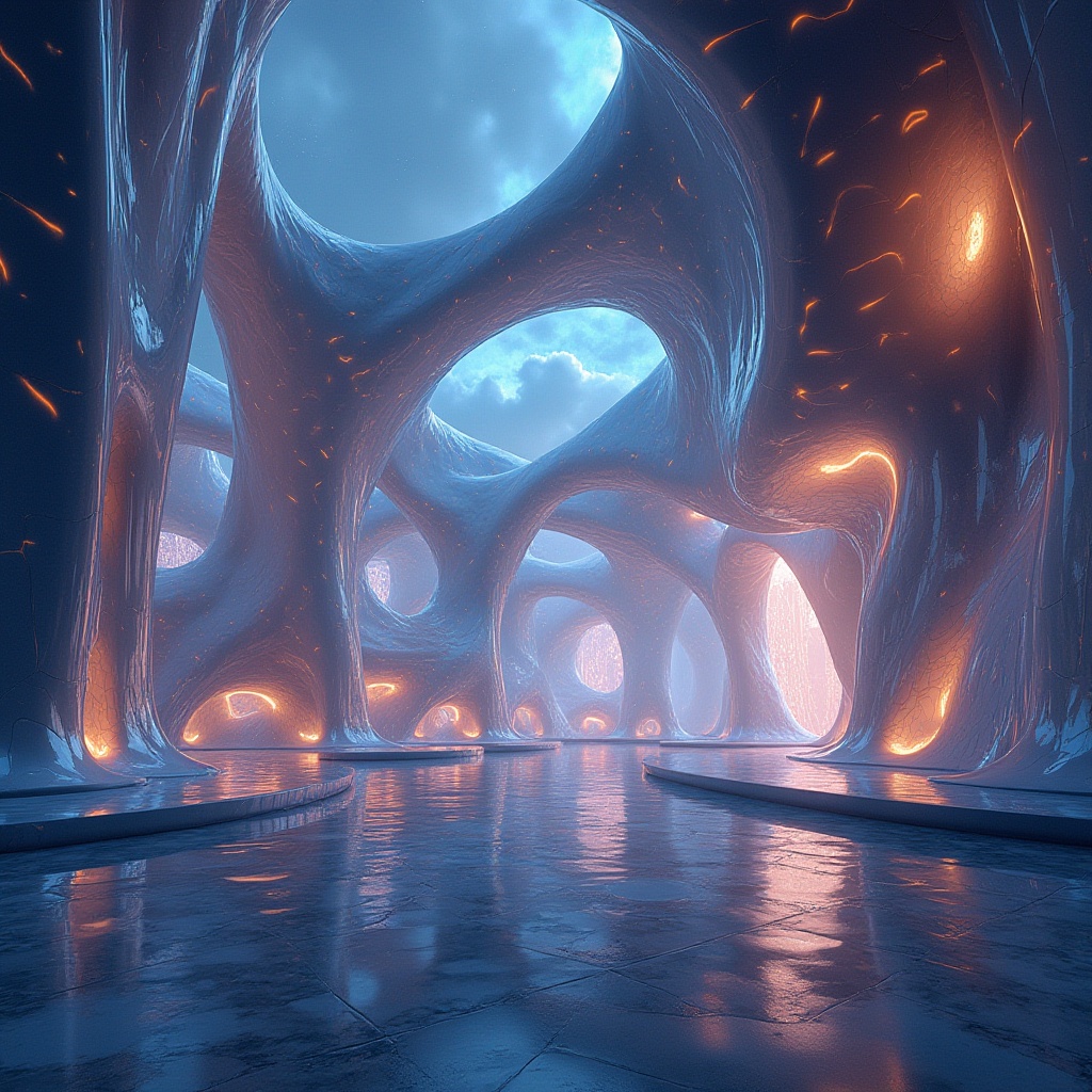 Prompt: Undulating curves, flowing arches, sinuous lines, organic shapes, futuristic buildings, iridescent glass fa\u00e7ades, shimmering metal surfaces, luminous LED lighting, nebula-inspired patterns, cosmic colors, celestial textures, ethereal ambiance, soft focus blur, 3/4 composition, cinematic view, realistic reflections, ambient occlusion.