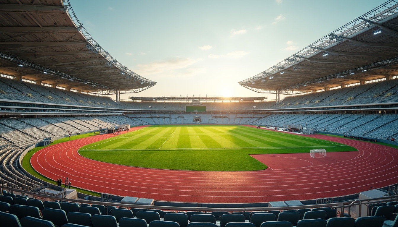 Prompt: Undulating sports field, curvaceous track lines, vibrant green grass, dynamic stadium seating, modernist architecture, sweeping rooflines, cantilevered canopies, sleek metallic railings, futuristic LED lighting, evening ambiance, shallow depth of field, 1/2 composition, panoramic view, realistic textures, ambient occlusion, athletic track equipment, jumping pits, hurdle tracks, soccer goals, basketball hoops, tennis courts, sprinting athletes, energetic atmosphere, warm sunny day.