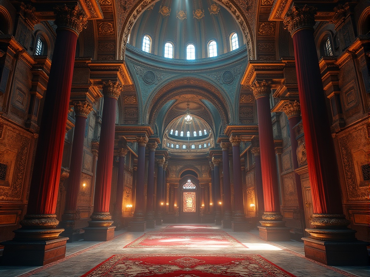 Prompt: Richly ornate Byzantine architecture, warm golden domes, intricate stone carvings, vibrant mosaic tiles, luxurious velvet drapes, ornamental metalwork, regal crimson accents, majestic blue hues, soft candlelight, atmospheric fog, mystical ambiance, dramatic high contrast, shallow depth of field, 1/2 composition, symmetrical framing, ornate gilded details, weathered stone textures, ambient occlusion.