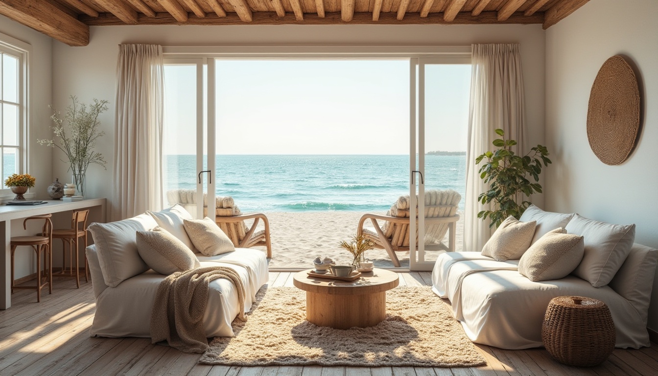 Prompt: Soothing coastal cottage, driftwood furniture, calming ocean views, soft sandy beaches, sea salt air, natural textiles, woven rattan accents, whitewashed walls, rustic wooden floors, plush area rugs, comfortable sectional sofas, nautical-themed decor, vintage fishing nets, shells and starfish ornaments, floor-to-ceiling windows, sliding glass doors, warm sunny day, gentle ocean breeze, soft diffused lighting, 1/2 composition, inviting atmosphere, realistic reflections, subtle ambient occlusion.