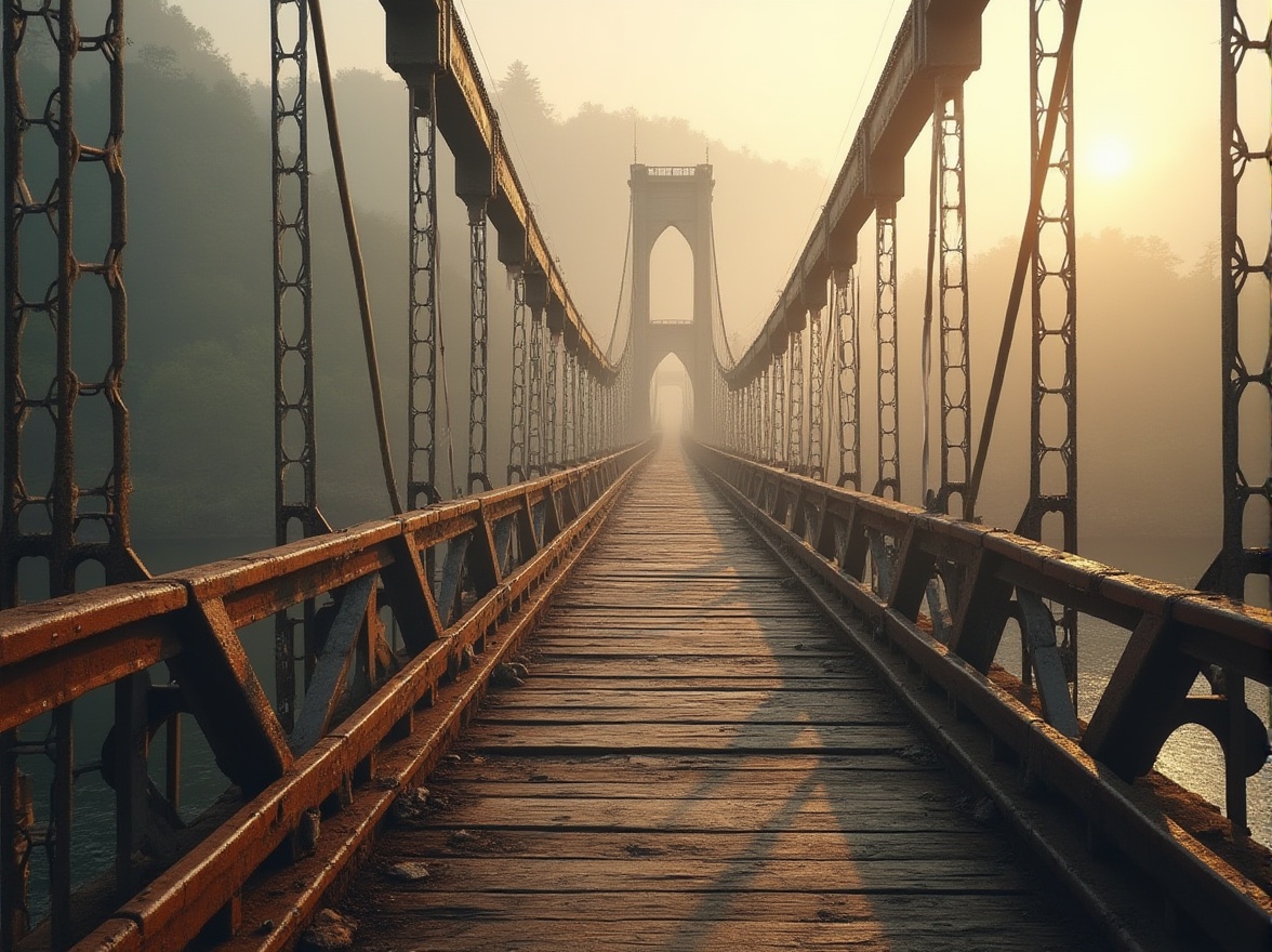 Prompt: Rustic steel bridges, weathered wooden planks, reinforced concrete pillars, durable cable systems, suspension towers, rugged stone foundations, scenic river crossings, misty morning atmosphere, warm golden lighting, shallow depth of field, 2/3 composition, cinematic view, realistic textures, ambient occlusion.