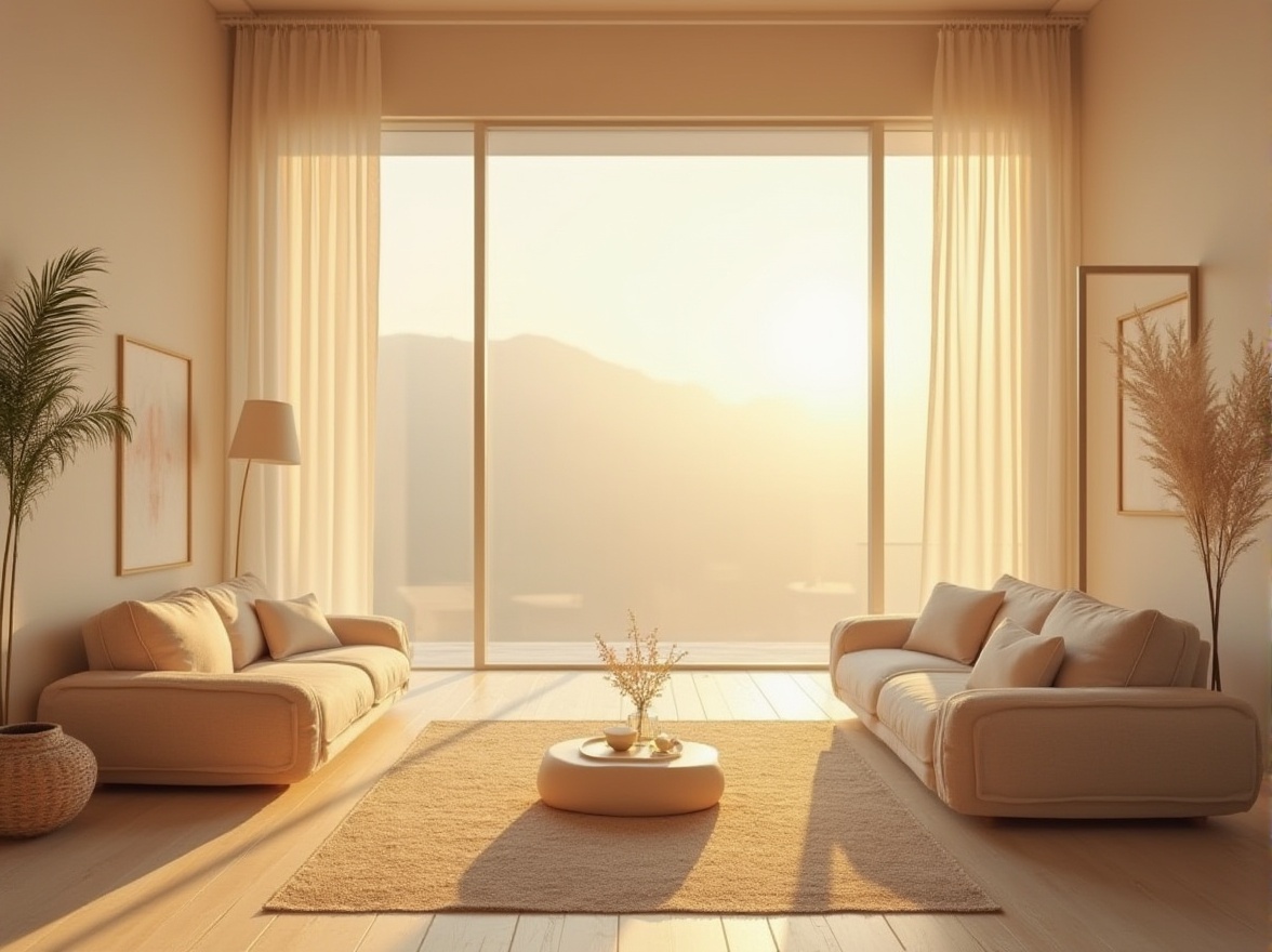 Prompt: Soft morning light, warm golden tones, gentle illumination, minimalist interior design, sparse furniture arrangement, large windows, floor-to-ceiling glass walls, sheer curtains, subtle shadows, creamy white walls, polished wooden floors, natural textiles, woven fibers, earthy color palette, calming ambiance, serene atmosphere, soft focus, shallow depth of field, 1/1 composition, realistic rendering.