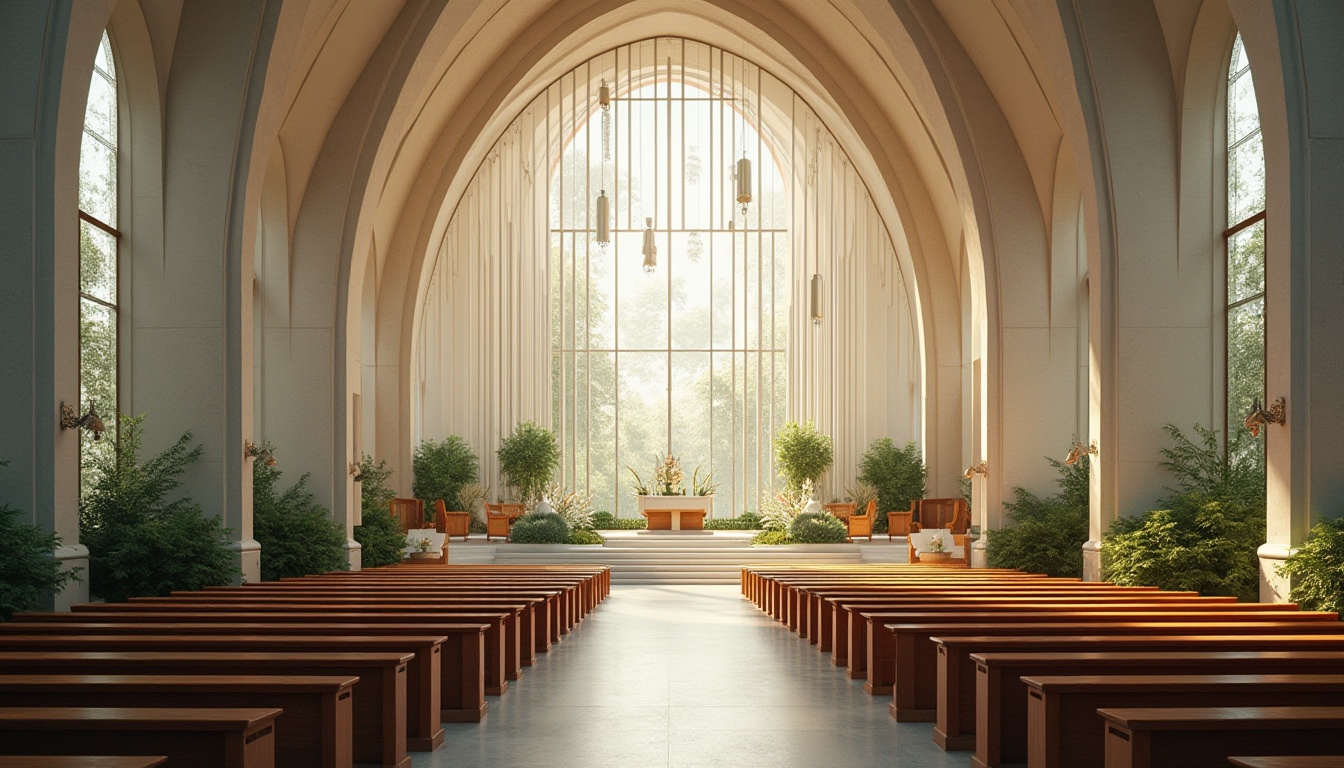 Prompt: Contemporary church architecture, curved lines, minimalist aesthetics, natural light-filled interior, stained glass windows, wooden pews, ornate altars, vaulted ceilings, grand entranceways, sweeping arches, sleek metallic accents, modernist sculptures, prayer gardens, serene water features, lush greenery, subtle ambient lighting, shallow depth of field, 1/2 composition, realistic textures, ambient occlusion.