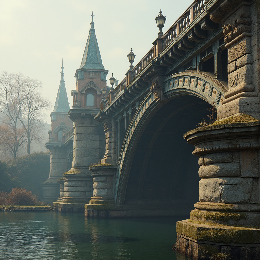 Prompt: Majestic bridge architecture, classical arches, ornate stone carvings, rusticated piers, grandiose columns, symmetrical composition, sweeping curves, elegant balustrades, intricate metalwork, riveted steel beams, weathered copper cladding, moss-covered stonework, serene riverbank setting, misty morning atmosphere, soft warm lighting, shallow depth of field, 2/3 composition, realistic textures, ambient occlusion.