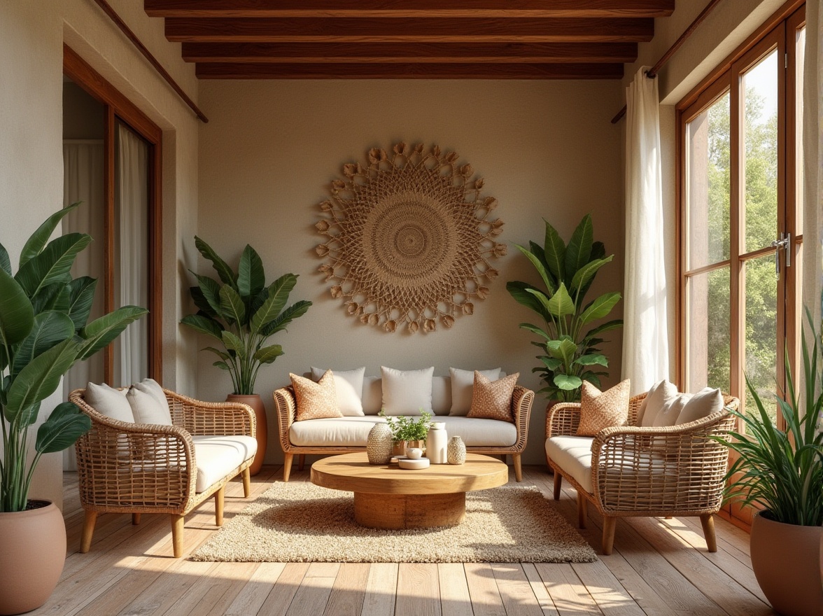 Prompt: Rustic wooden accents, woven rattan furniture, earthy terracotta pots, lush greenery, natural stone walls, reclaimed wood flooring, woven bamboo textiles, jute rugs, handcrafted ceramics, organic shapes, warm beige colors, soft warm lighting, shallow depth of field, 1/1 composition, realistic textures, ambient occlusion.