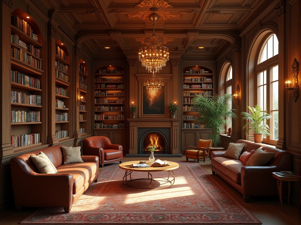 Prompt: Cozy reading nook, warm wood accents, comfortable seating areas, soft carpeting, earthy color tones, natural materials, calm atmosphere, floor-to-ceiling bookshelves, warm lighting fixtures, rich leather upholstery, traditional architectural details, classic literature displays, quiet study areas, elegant chandeliers, sophisticated color scheme, subtle texture variations, harmonious ambiance, balanced composition, realistic rendering.