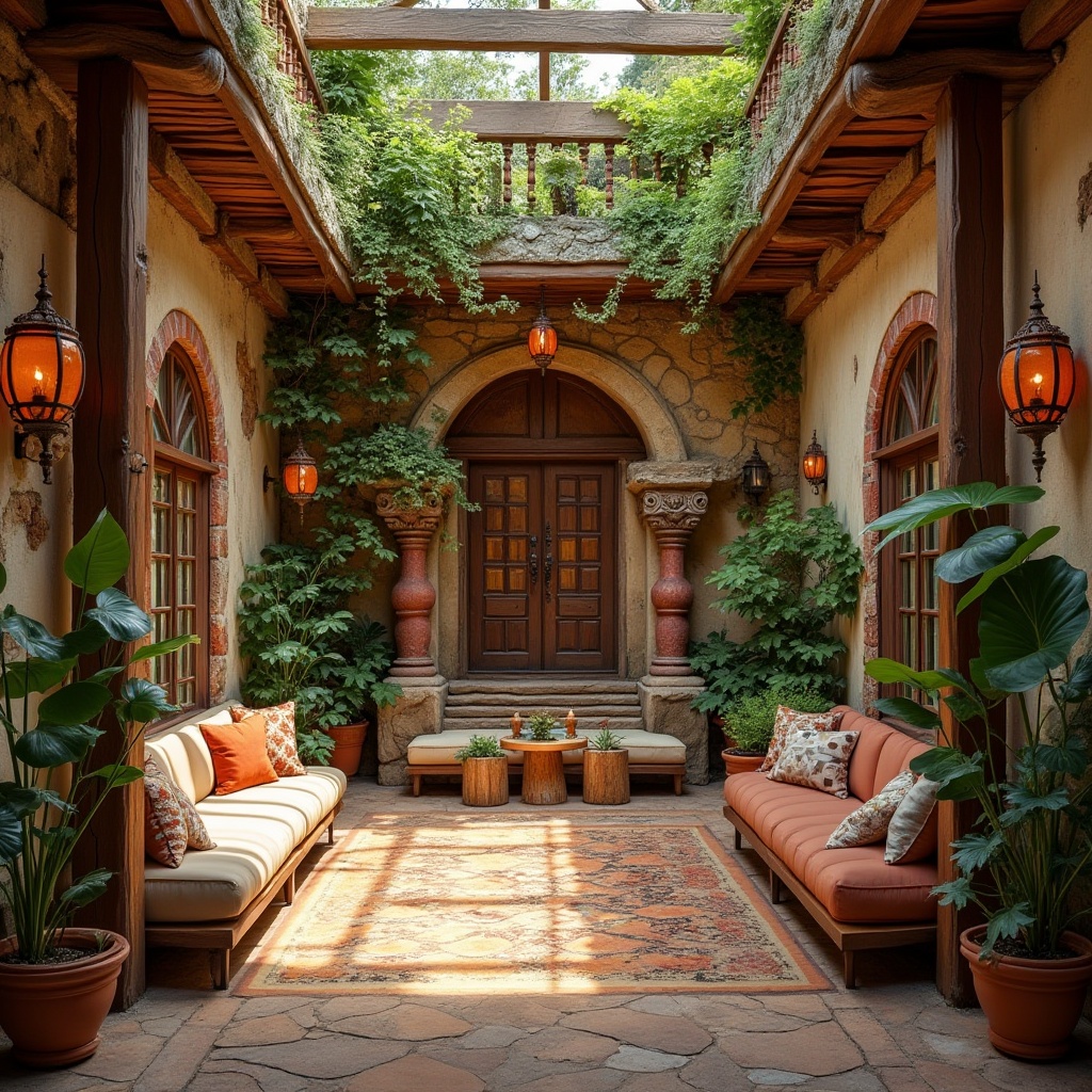 Prompt: Rustic wooden beams, reclaimed wood accents, natural stone walls, earthy terracotta floors, vibrant green roofs, eclectic mix of brick, stucco, and glass, ornate metalwork, distressed finishes, organic shapes, whimsical carvings, lush ivy climbing, sunny atrium, warm golden lighting, soft shadows, 1/2 composition, intimate scale, cozy nooks, plush textiles, global cultural influences, bold colorful patterns.