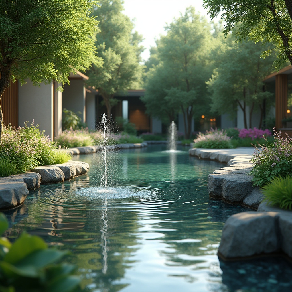 Prompt: Serene pond, gentle ripples, lush greenery, vibrant flowers, tranquil fountain, modern water features, sleek stone walls, natural rock formations, subtle lighting effects, misting systems, shallow depth of field, 1/1 composition, realistic water textures, ambient occlusion, reflective glass surfaces, minimalist design, sustainable energy solutions, eco-friendly materials, innovative cooling technologies, shaded outdoor spaces.