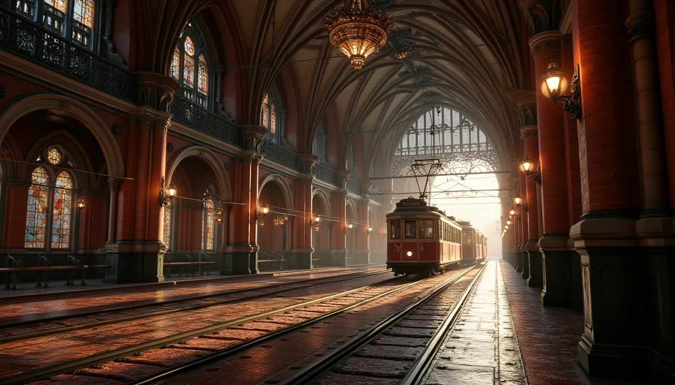 Prompt: Intricate tram station, captivating Gothic elements, vaulted ceilings, ribbed arches, stunning stained glass windows, ornate metalwork, grandiose entrance halls, dramatic lighting effects, mysterious atmosphere, historic architectural style, brick and stone textures, aged patina, warm golden illumination, shallow depth of field, 1/2 composition, cinematic view, detailed 3D models, realistic materials, ambient occlusion.