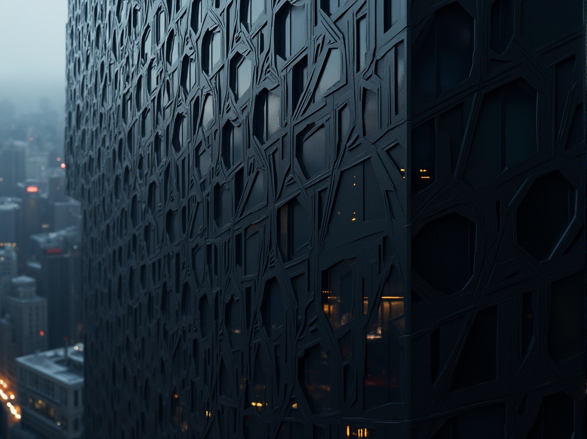 Prompt: Dark gray futuristic skyscraper, metallic latticework facade, angular lines, minimalist design, LED lighting system, sleek reflective surfaces, urban cityscape, nighttime scenery, dramatic shadows, high-rise building, commercial complex, modern architecture, glass and steel materials, abstract geometric patterns, 3D modeling textures, cinematic atmosphere, low-key lighting, shallow depth of field, 2/3 composition.