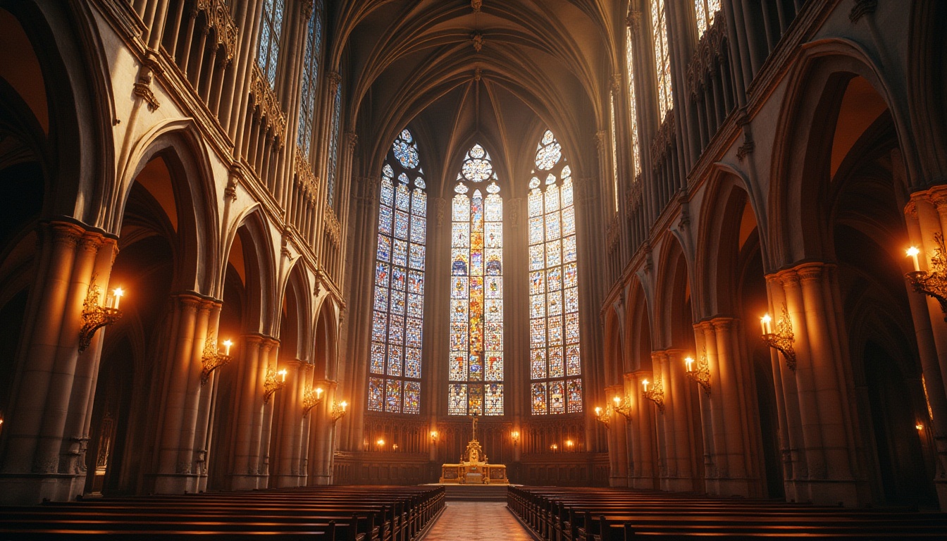 Prompt: Majestic cathedral, stained glass windows, vibrant colors, warm golden lighting, ornate details, Gothic arches, ribbed vaults, sacred frescoes, intricate mosaics, solemn ambiance, dramatic shadows, divine inspiration, heavenly atmosphere, soft diffused light, 1/2 composition, symmetrical framing, realistic textures, ambient occlusion.