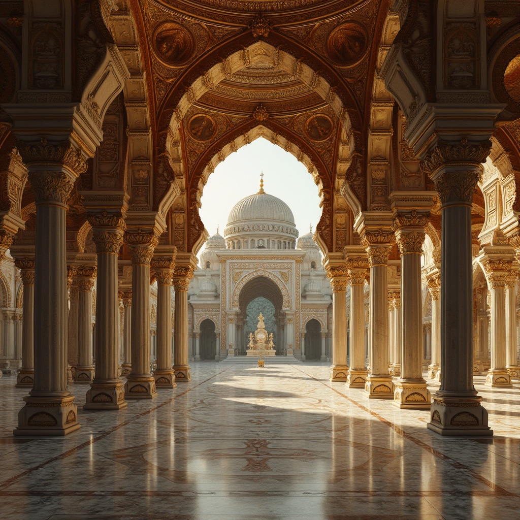 Prompt: Intricate arches, ornate carvings, golden mosaics, domed roofs, grand entranceways, marble columns, richly patterned floors, lavish decorations, mystical ambiance, warm soft lighting, subtle shadows, 1/2 composition, symmetrical view, detailed textures, ambient occlusion, historic landmark, religious significance, spiritual atmosphere.