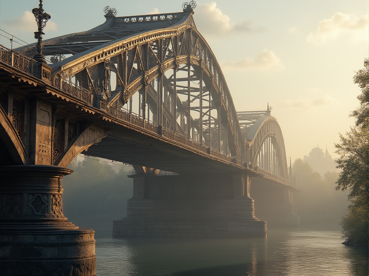 Prompt: Majestic bridge, classical arches, ornate stone carvings, grandeur columns, rustic stonework, weathered steel beams, riveted connections, vintage lamp posts, pedestrian walkways, scenic river views, misty morning atmosphere, warm golden lighting, shallow depth of field, 1/2 composition, symmetrical framing, realistic textures, subtle ambient occlusion.