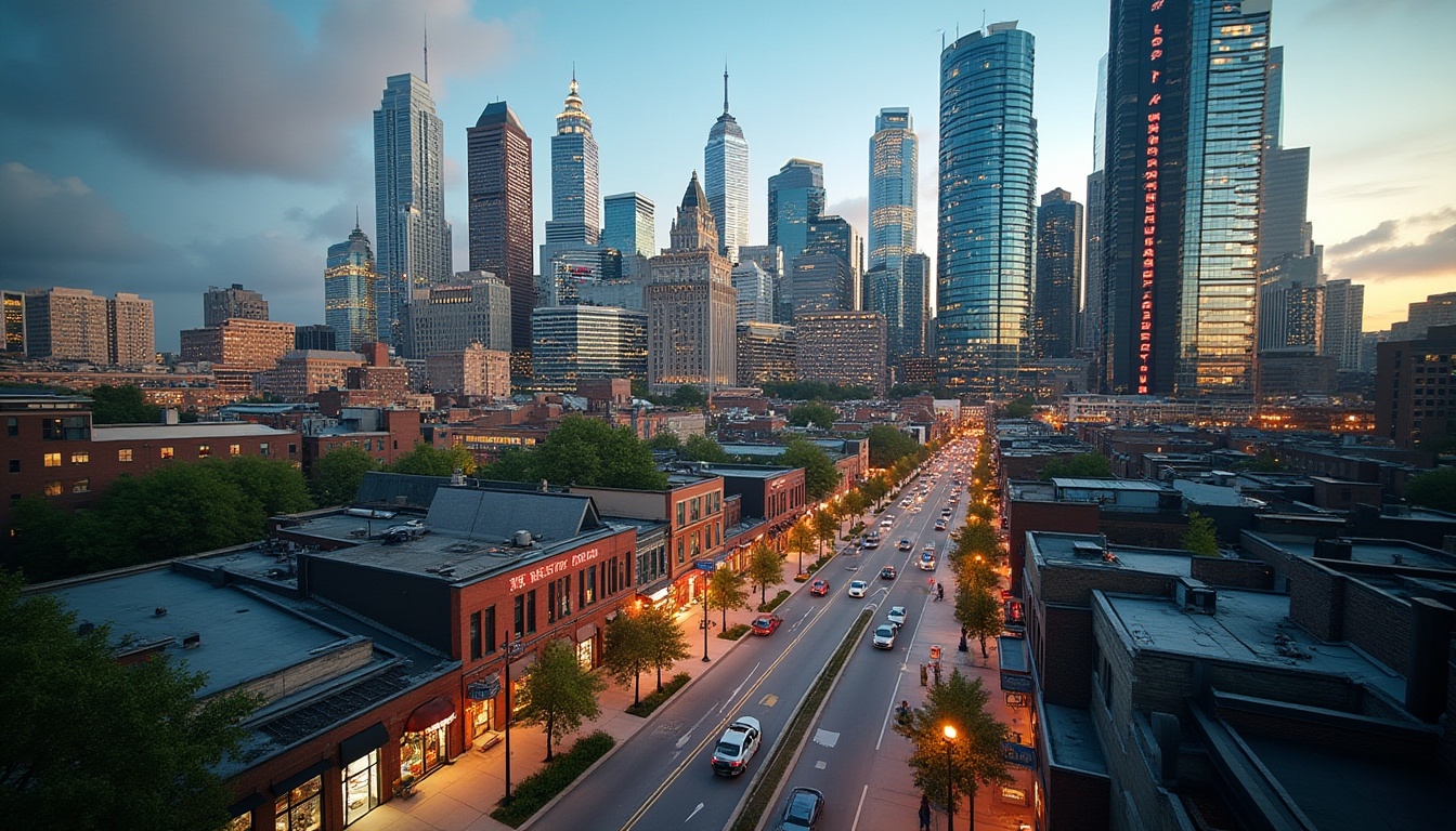 Prompt: Vibrant cityscape, modern skyscrapers, bustling streets, pedestrian walkways, urban parks, green roofs, street art, eclectic neighborhoods, cultural diversity, mixed-use developments, adaptive reuse, historic buildings, sleek glass facades, neon lights, evening ambiance, shallow depth of field, 1/1 composition, realistic textures, ambient occlusion.