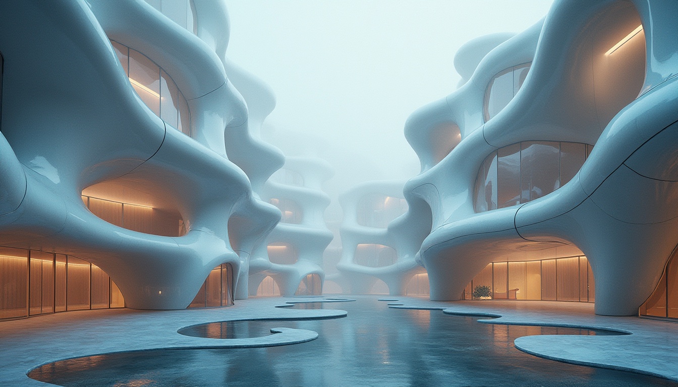 Prompt: Organic buildings, flowing curves, wavy lines, futuristic design, iridescent glass facades, metallic accents, undulating roofs, smooth concrete walls, cantilevered structures, minimalist interior, ambient lighting, misty atmosphere, shallow depth of field, 1/1 composition, cinematic view, realistic reflections, atmospheric perspective.