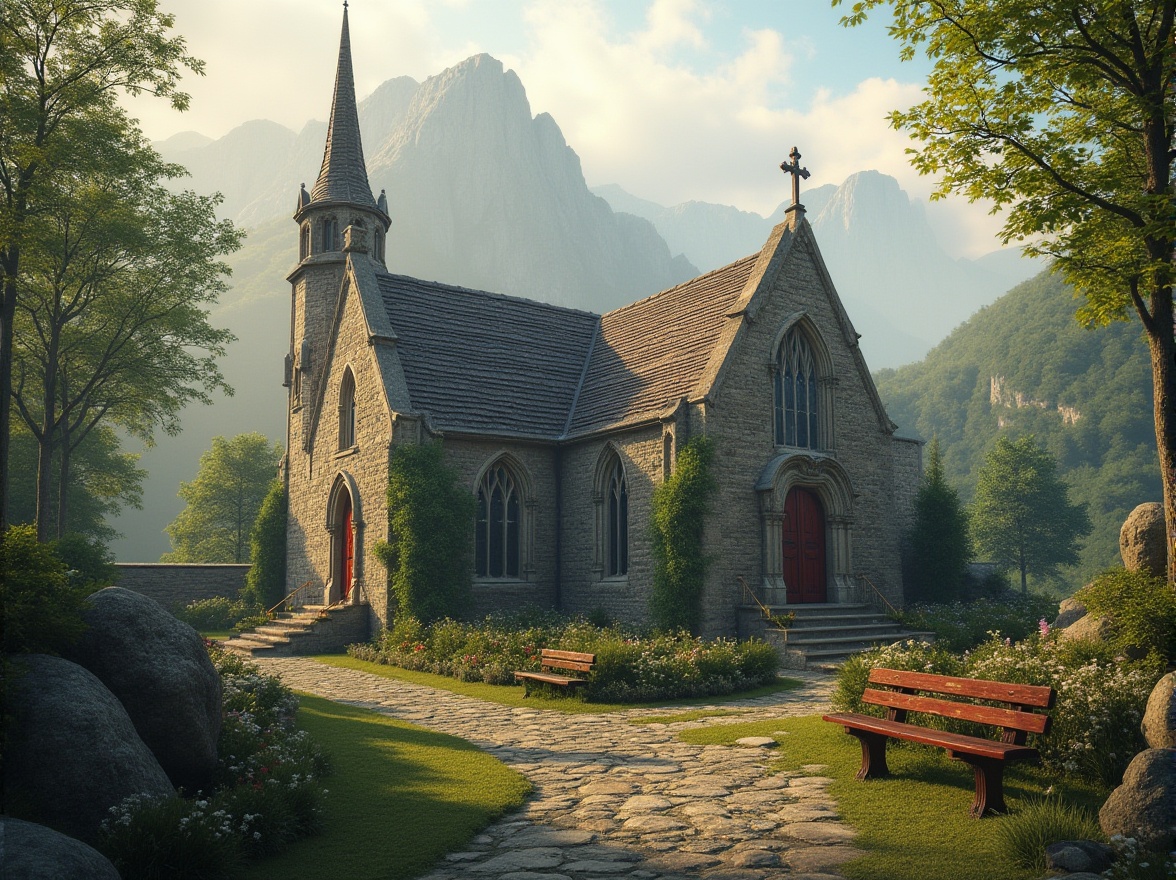 Prompt: Rustic stone church, harmonious landscape integration, lush greenery surroundings, natural rock formations, wooden benches, stained glass windows, ornate steeples, tranquil atmosphere, soft warm lighting, misty morning fog, shallow depth of field, 1/2 composition, symmetrical framing, realistic textures, ambient occlusion.