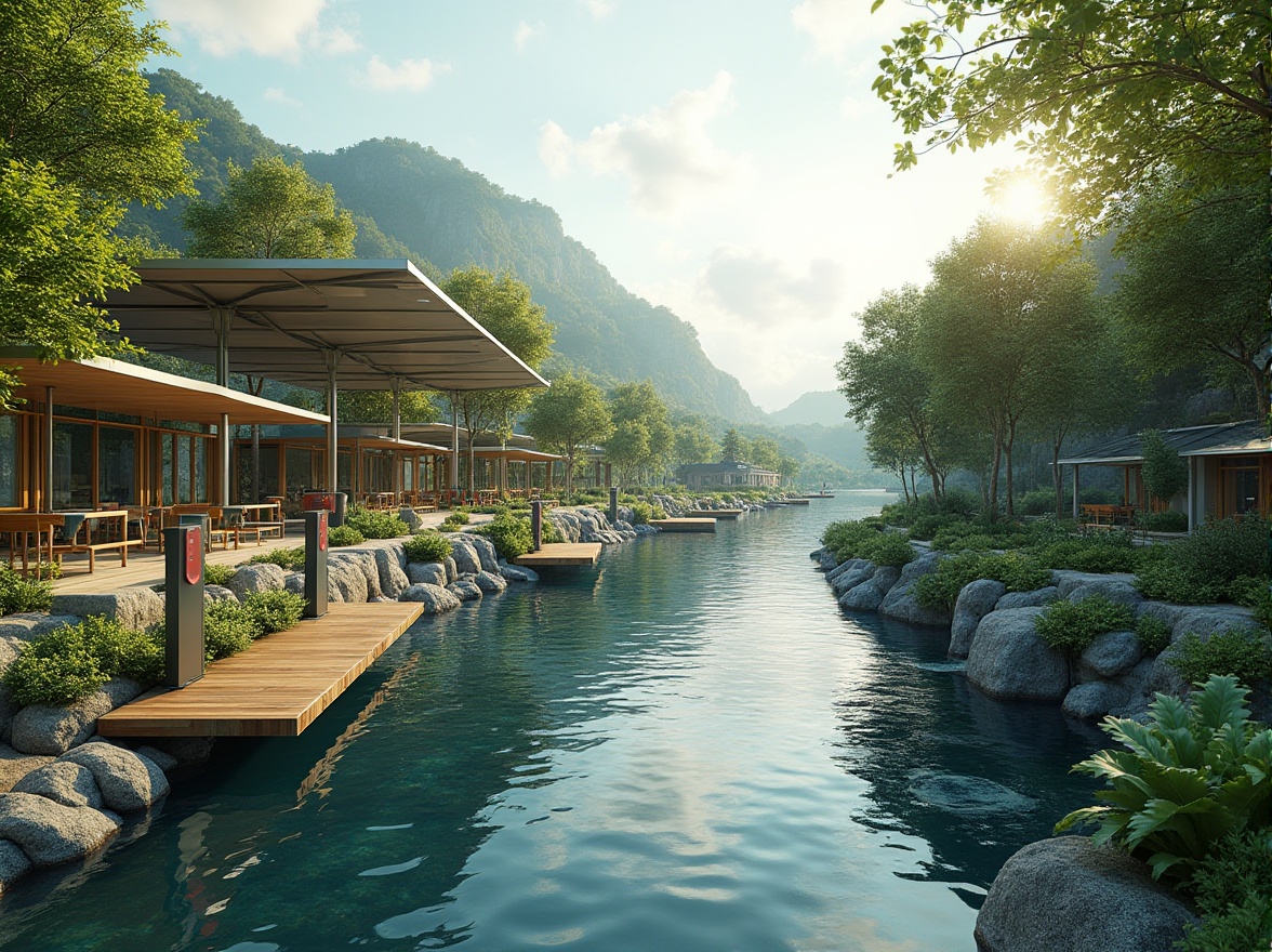 Prompt: Rustic riverbank, serene water flow, lush greenery, native plants, wooden docks, charging station pavilions, modern LED lighting, sleek metal canopies, eco-friendly materials, sustainable energy solutions, solar panels, wind turbines, water conservation systems, green roofs, innovative cooling technologies, shaded outdoor spaces, misting systems, natural stone pathways, river rock formations, gentle slopes, panoramic views, realistic textures, ambient occlusion.