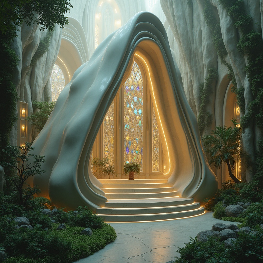 Prompt: Ethereal blob-like church, undulating organic forms, smooth curves, soft luminescent lighting, iridescent stained glass windows, delicate filigree patterns, intricate stone carvings, natural materials, reclaimed wood accents, living green walls, lush foliage, misty atmosphere, warm ambient glow, shallow depth of field, 1/2 composition, cinematic view, realistic textures, subtle ambient occlusion.