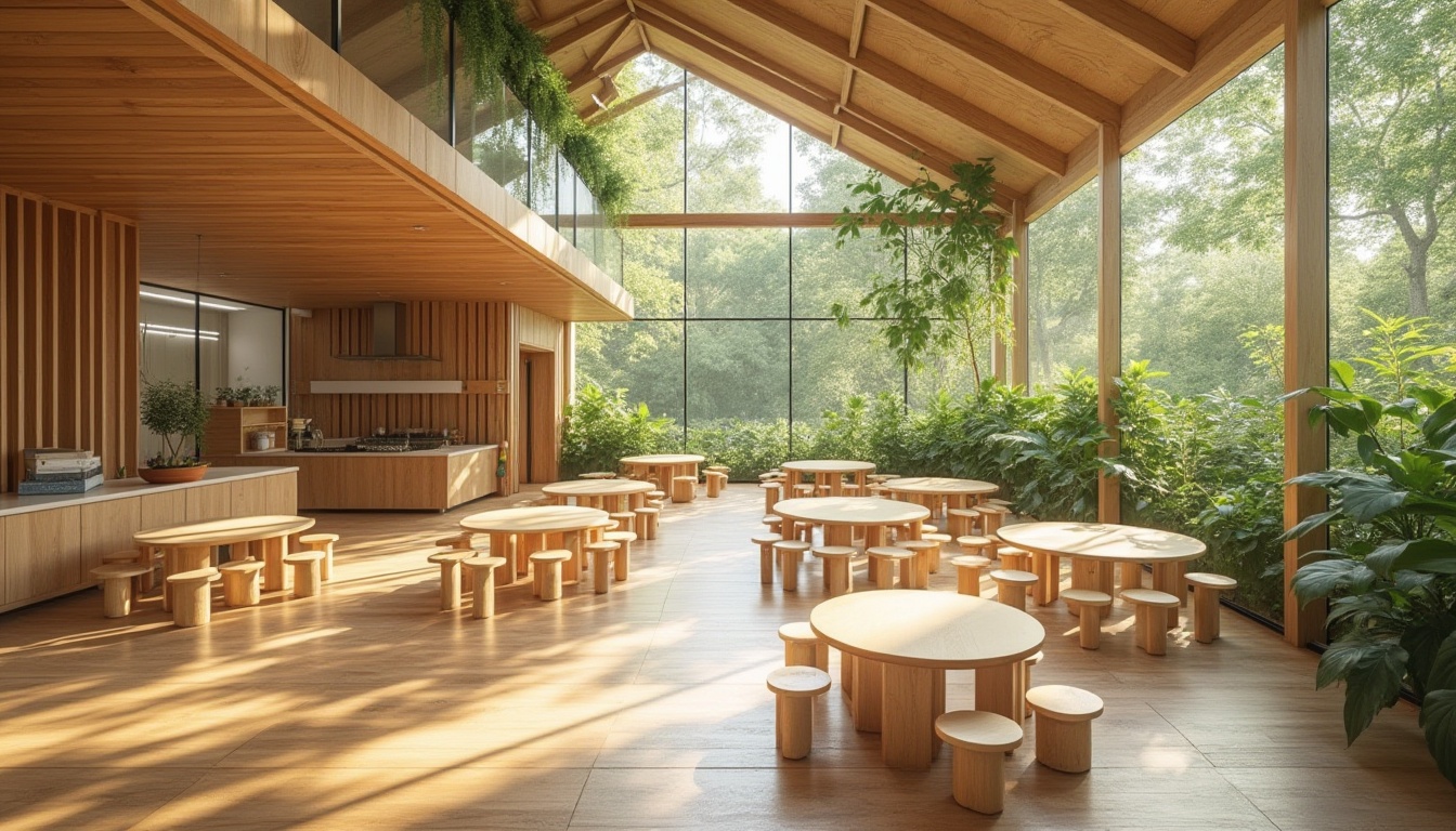 Prompt: Eco-friendly kindergarten, natural materials, reclaimed wood, bamboo flooring, low-VOC paints, recycled plastic furnishings, energy-efficient systems, solar panels, green roofs, living walls, rainwater harvesting, non-toxic coatings, FSC-certified wood, sustainable textiles, minimalist design, abundant natural light, soft warm colors, circular economy principles, biophilic architecture, interactive learning spaces, collaborative play areas, flexible modular layouts, calming atmosphere, shallow depth of field, 1/1 composition, realistic textures.