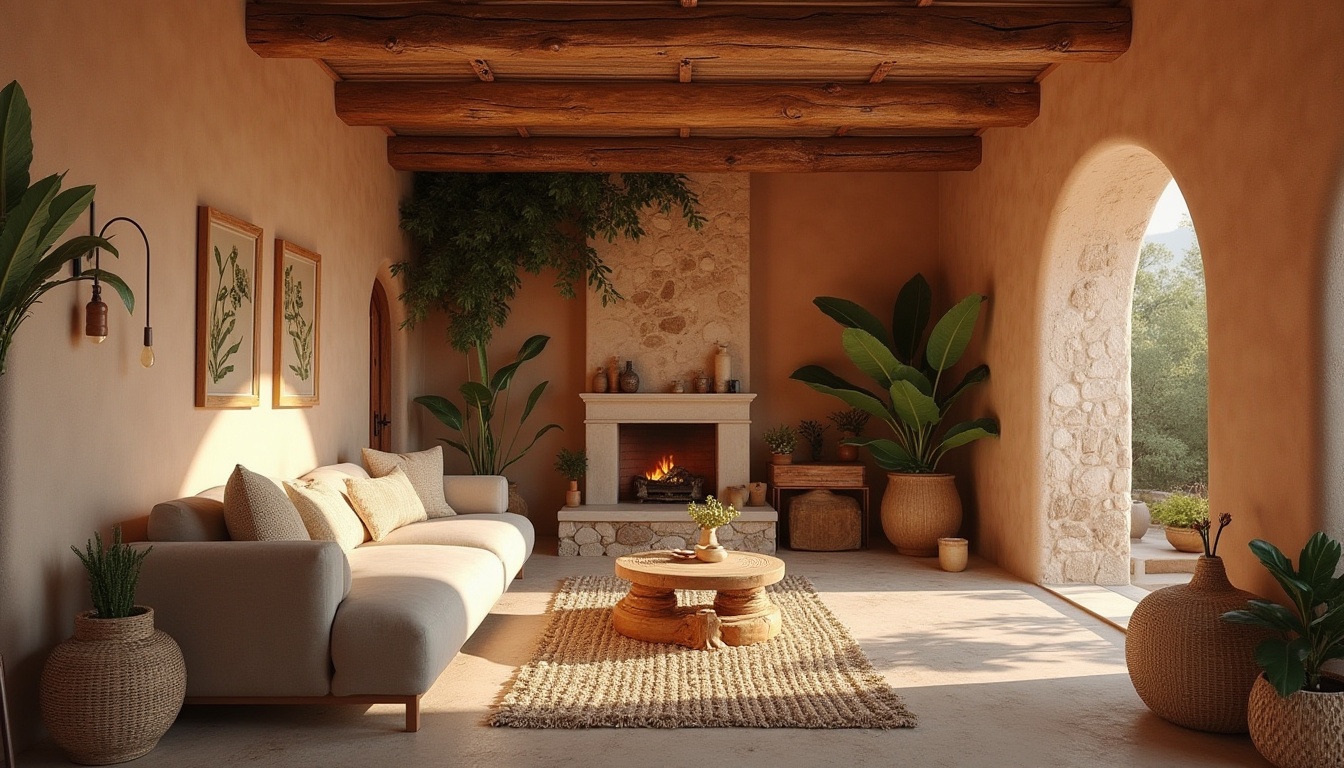 Prompt: Earth-toned adobe walls, reclaimed wooden accents, woven wicker furniture, natural fiber rugs, organic shapes, handmade ceramics, rough-hewn stone features, living green walls, botanical prints, earthy color palette, warm ambient lighting, soft focus, shallow depth of field, 1/2 composition, intimate atmosphere.