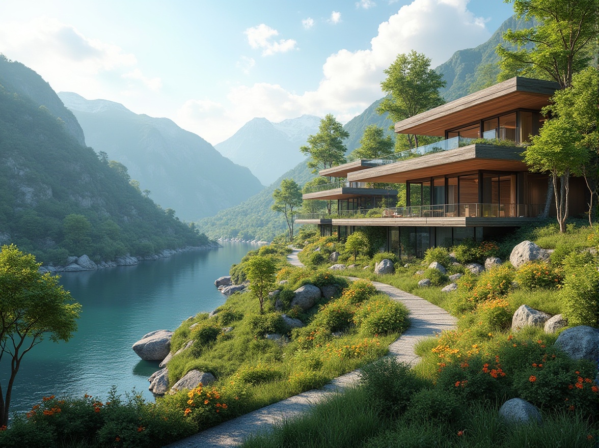 Prompt: Sweeping hills, lush greenery, serene lakeside, modern architectural forms, cantilevered roofs, glass facades, minimalist design, natural stone walls, wooden accents, vibrant blooming flowers, rustic pathways, ambient lighting, shallow depth of field, 3/4 composition, panoramic view, realistic textures, soft warm atmosphere, harmonious integration with nature.